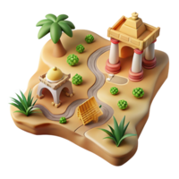3d render deserto oásis ilustração Palma árvores, antigo arquitetura, enrolamento caminho, exuberante vegetação png