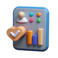 3D Render of User Interface Dashboard with Heart Checkmark and Charts App Icon Design png
