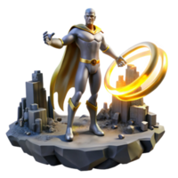 Stylized 3D Render Superhero Figure on a Cityscape Base png