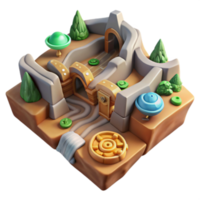 Whimsical 3D Game Level Illustration A Fantasy Stone Labyrinth with Bridges, Tunnels, and Waterfalls png