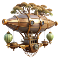 Steampunk Airship 3D Render Ornate Clockwork Dirigible with Bonsai Treetop png