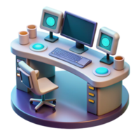 Modern 3D Desk Workstation Illustration Curved Desk, Computer Setup, Office Space, Ergonomic Chair, Monitors, Keyboard, Mouse, Workspace, Technology, Productivity png