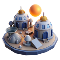 3D Render of a Whimsical Island Village with Dome Houses and Mushroom-Shaped Structures png