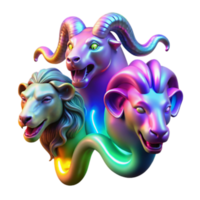 Vibrant 3D Render of Mythical Creatures Lion, Rams and Serpent png