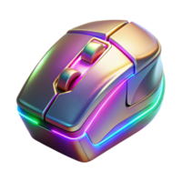 RGB Illuminated Gaming Mouse 3D Render, Futuristic Wireless Computer Peripheral, Iridescent Metallic Design, Colorful Neon Lights, Ergonomic Shape, High-Resolution Image png