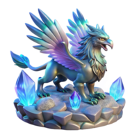 Griffins Fantasy Creature 3D Render Mythical Griffin with iridescent Wings and Crystals png