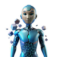 3D Render of a Futuristic Child Robot with Data Cubes png