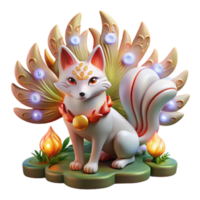 3D Render of a Nine-Tailed Fox Kitsune Fantasy Creature with Glowing Wings png