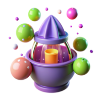 Vibrant 3D Render of a Citrus Juicer with Floating Spheres png