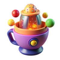Whimsical 3D Render of a Colorful Teacup with a Spaceship Inside png