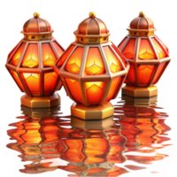 Illuminated 3D Render of Three Ornate Lanterns Reflecting on Water png