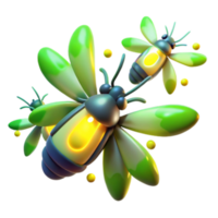 Glowing 3D Firefly Illustration Three Cute Cartoon Fireflies with Bright Lights png