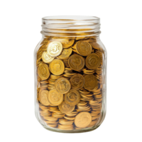 Golden Coins in Glass Jar on transparent background. png