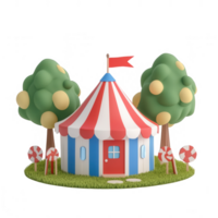 A colorful circus tent surrounded by playful trees and candy elements. png