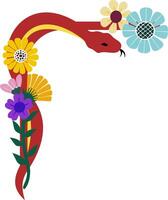 An artistic floral corner frame featuring a red snake intertwined with colorful flowers, suitable for Year of the Snake celebrations. Perfect for invitations, greeting cards, decorative borders. vector