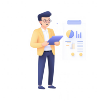 A professional man analyzing data using a digital tablet and chart. png