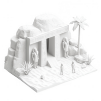 A pristine, detailed model of an ancient temple with palm trees and desert surroundings. png