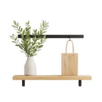 A modern shelf display featuring a vase with greenery and a stylish wooden accent. png