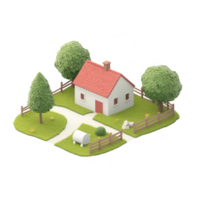 Charming small house with a red roof, surrounded by trees and a white fence. png