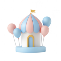 A whimsical pastel-colored structure adorned with balloons and a playful flag. png