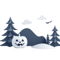 A whimsical Halloween scene with a pumpkin, trees, and mountains in a textured landscape. png