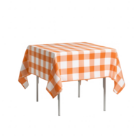 Orange and white checkered tablecloth draped over a simple table for a cozy dining setting. png
