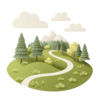 Serene landscape featuring mountains, trees, and a winding path under soft clouds. png