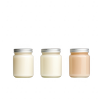 Three different jars of creamy substances, showcasing varied textures and colors. png