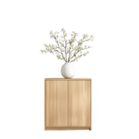 Stylish wooden cabinet with a vase of elegant flowers on top, adding charm to interiors. png