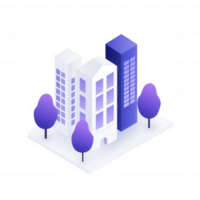 Stylized modern buildings with trees, representing urban architecture and design. png