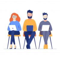 Three diverse people working on laptops in a modern workspace, collaborating creatively. png