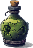 A Cracked Green Bottle Contains Multiple Skulls Inside png