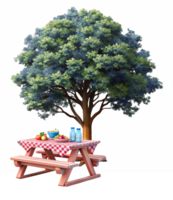 Scenic picnic table under a lush tree in 3D png