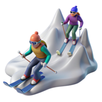 Dynamic skiers sliding down a snowy mountain in 3D png