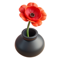 Elegant red poppy flower in a black vase in 3D png