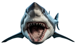 Front view of a great white shark with open mouth, isolated on transparent png