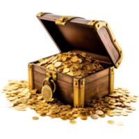 Open treasure chest overflowing with gold coins, isolated on transparent png