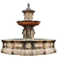 Ornate stone fountain with sculptures, isolated on transparent png