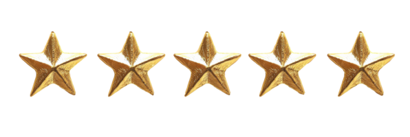 Five golden stars arranged in a row, representing a perfect product rating, set against a transparent background for easy integration png
