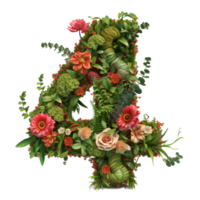 A 3D rendered flower number 4, crafted from vibrant garden florals and plants, isolated on a transparent background png