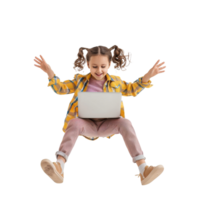 Full body image of a little girl floating in the air while using a laptop, isolated on a transparent background. png