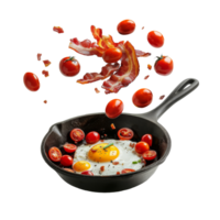 Fried egg, bacon, and cherry tomatoes floating and flying into an iron skillet, isolated on a transparent background png