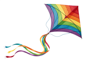 Rainbow Kite Soaring High, Colorful String, Windswept Flight png