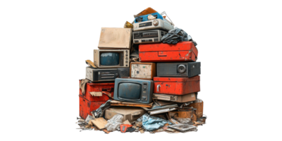 Stack of vintage televisions and electronics isolated on transparent background png