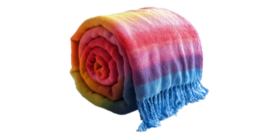 Rainbow-colored knitted blanket roll isolated on transparent background png
