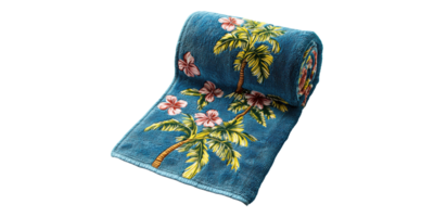 Blue beach towel with palm tree design isolated on transparent background png