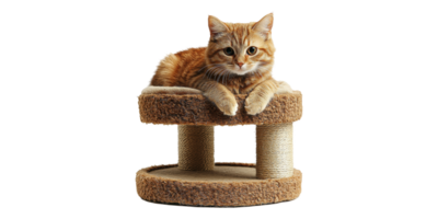 Orange tabby cat resting on cat tree isolated on transparent background png