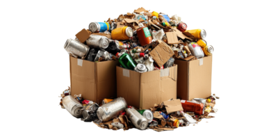 Pile of recyclable materials in cardboard boxes isolated on transparent background png
