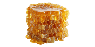 Honeycomb structure with golden honey dripping isolated on transparent background png