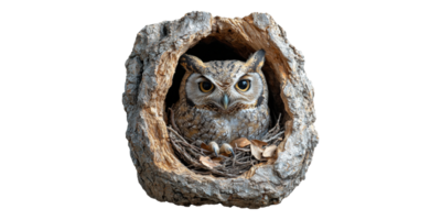 Owl nesting inside tree hollow isolated on transparent background png